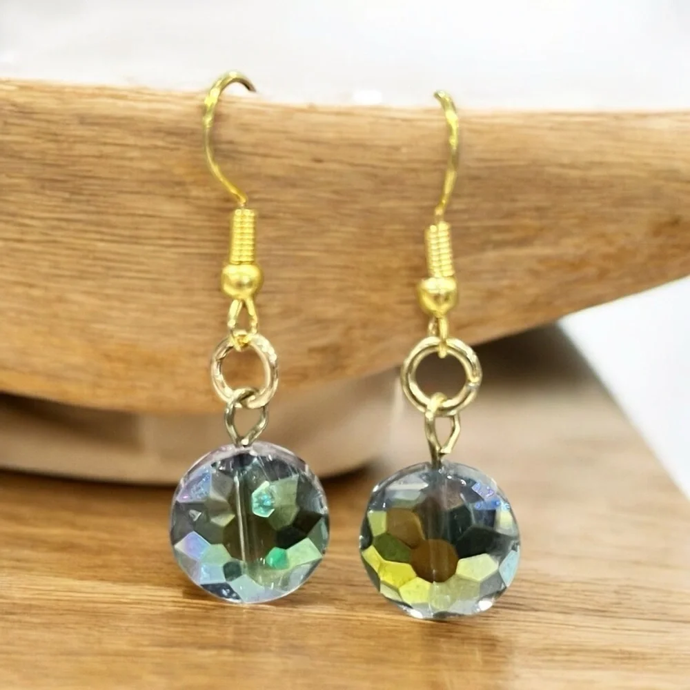 Rainbow Crystal Fascet and Gold Dangle Earrings